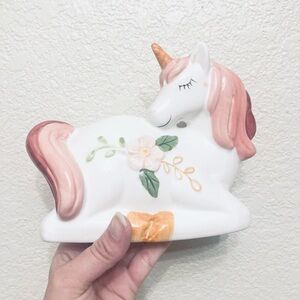 Ceramic white and pink Unicorn Coin Bank figurine hand painted floral details